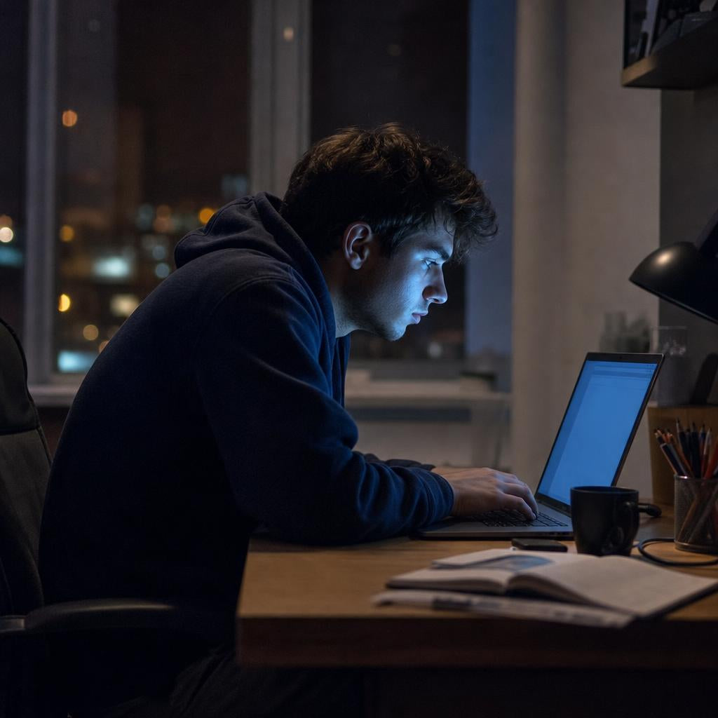 Student slouching over a laptop late at night