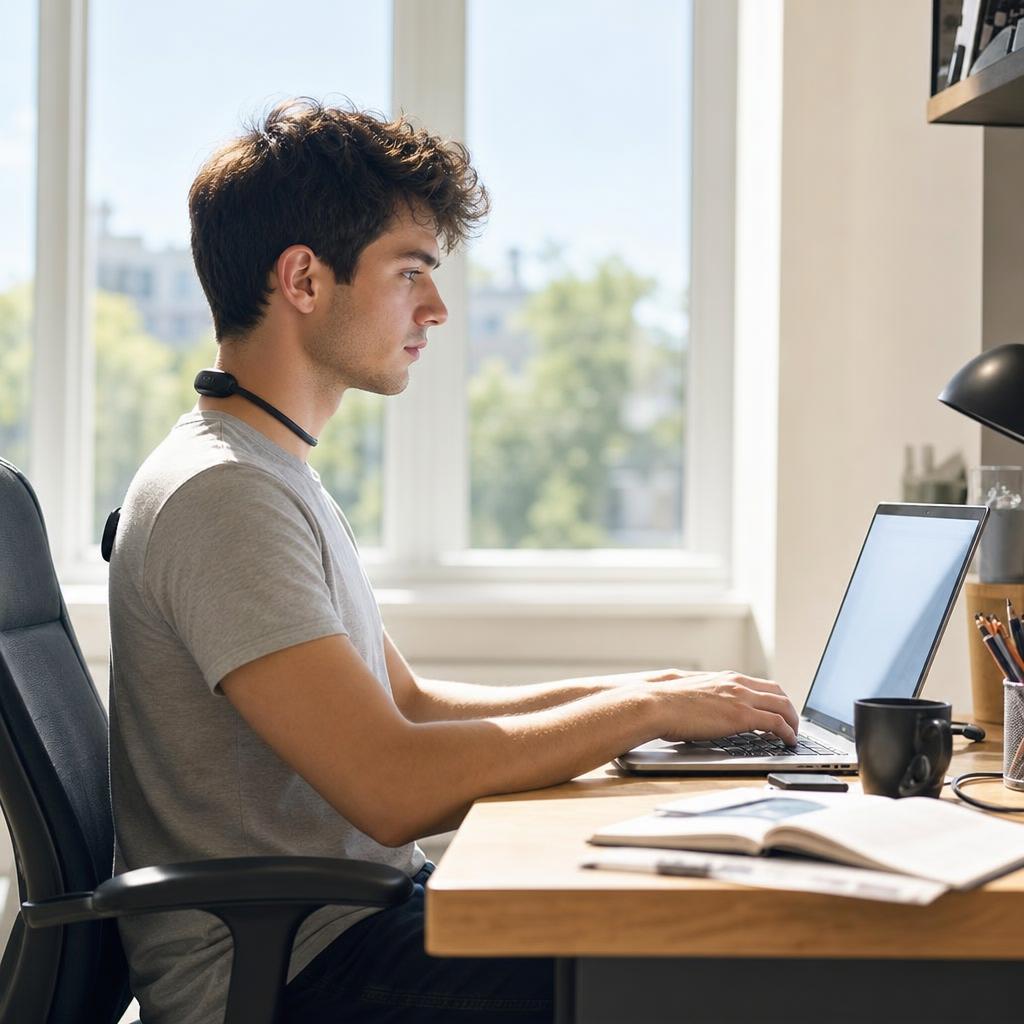 The same student sitting tall wearing Tallwise